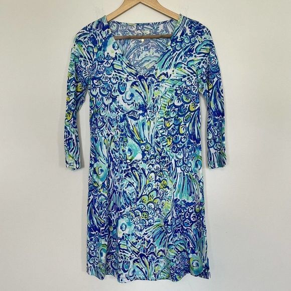 Lilly Pulitzer Erin Blue Crush After Party Mini 3/4 Sleeve V Neck Dress Size XS - Picture 2 of 9